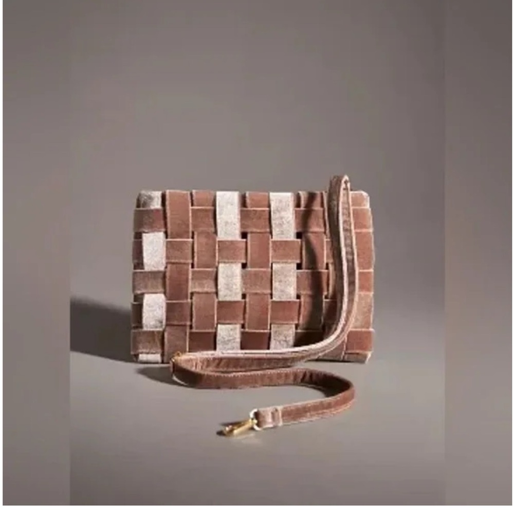 Anthropologie Brown Woven Clutch with Metallic Accents